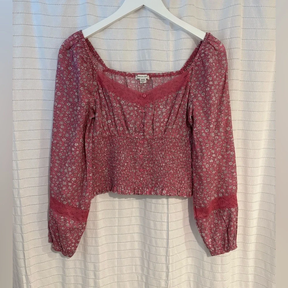 American Eagle Outfitters Pink Floral Blouse with Lace & Button Detail - Picture 2 of 7